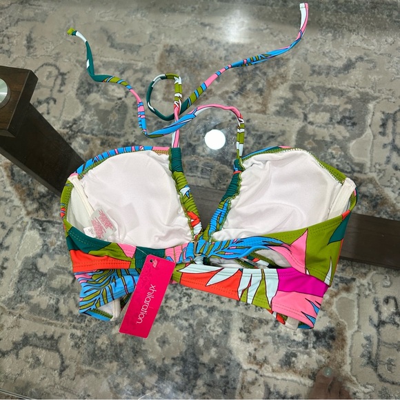 NWT Xhilaration Junior Bikini Top Floral Blue Pink Orange Colorful Deep V-neck L - Picture 5 of 5